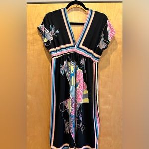 Asian inspired dress with V neck front and back, empire waist